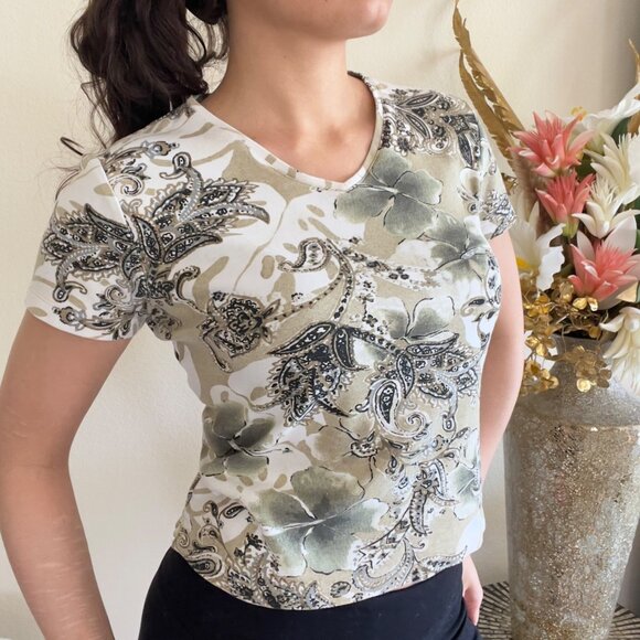 Y2K Tropical Grunge Green and Brown Deadstock Top 100% Cotton - Picture 1 of 8